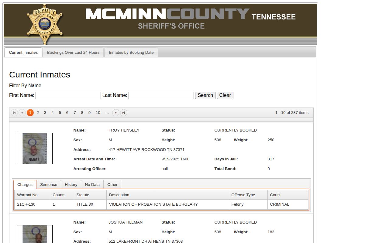 McMinn County released inmate historical booking search