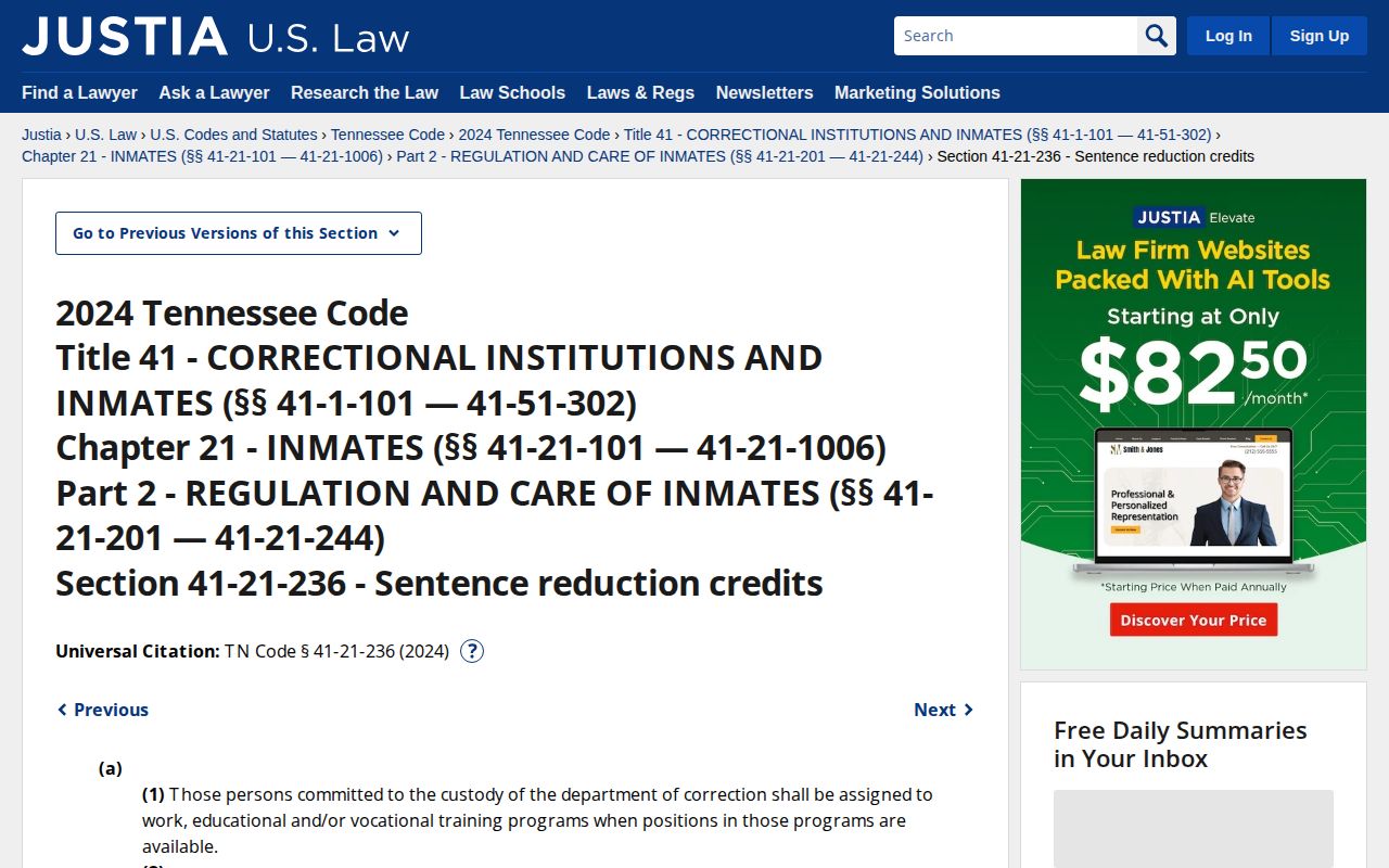 Tennessee sentence reduction statute for McMinn County projected release dates
